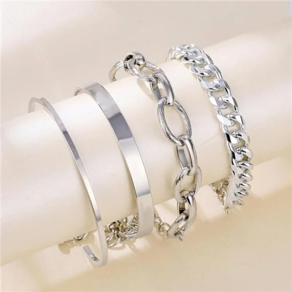 4-Piece Silver Bracelet Set for Women Chunky Chain, 2 Minimalist Cuff, and Rope
